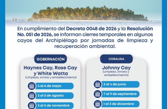 Anuncian cierres temporales de cayos en San Andrés durante 2026 por jornadas de limpieza