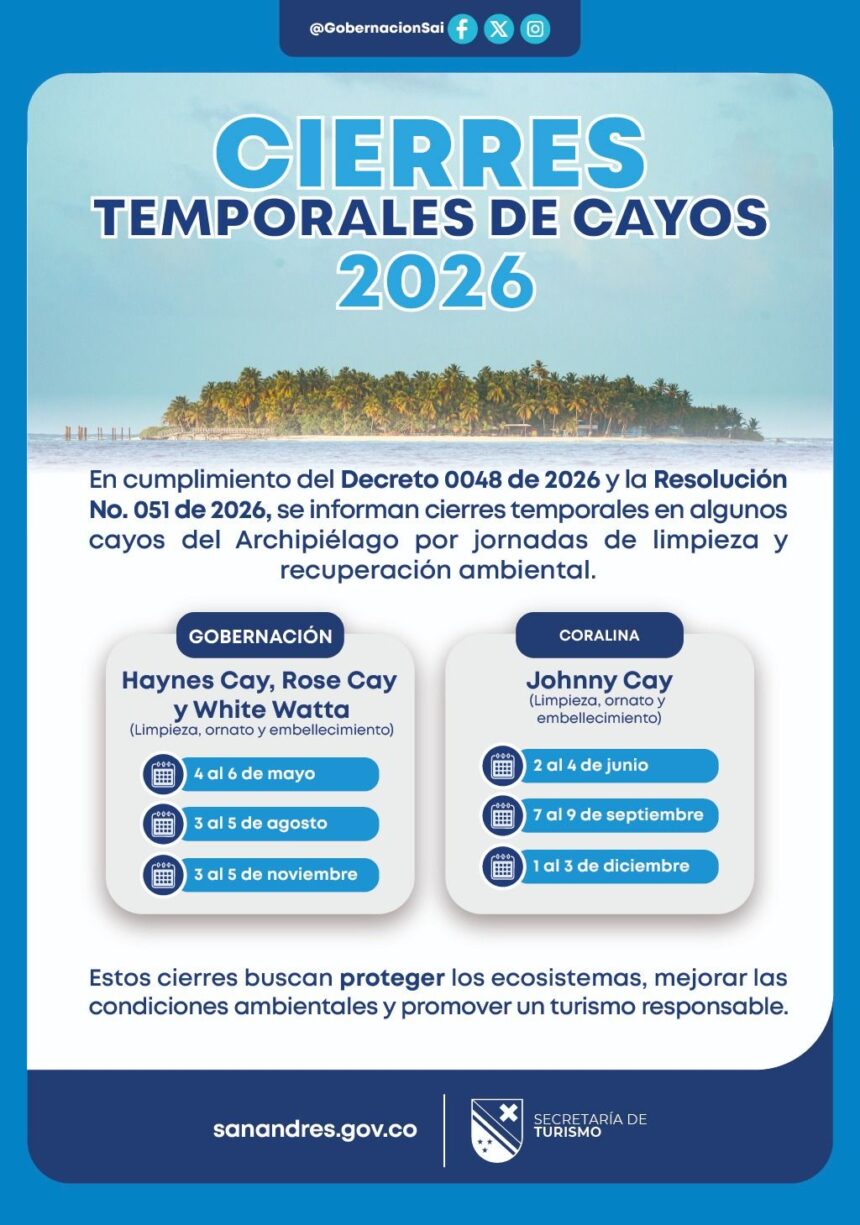 Anuncian cierres temporales de cayos en San Andrés durante 2026 por jornadas de limpieza
